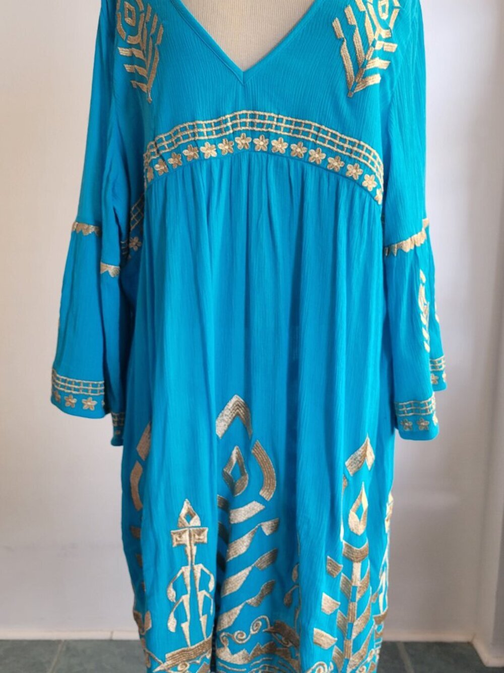 Soft Surroundings Zaneta Turquoise Babydoll Gold Flare Dress: (Size: XL) - Picture 10 of 16